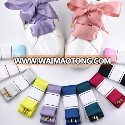 Wholesale multi colors polyester fashion soft crazy flat custom satin shoe laces with metal tips